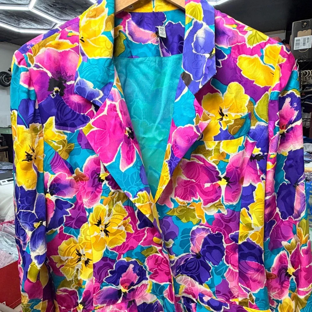 Vintage 100% Silk Floral Blazer Medium Multi Color‎ Dopamine 90s Career Luxury